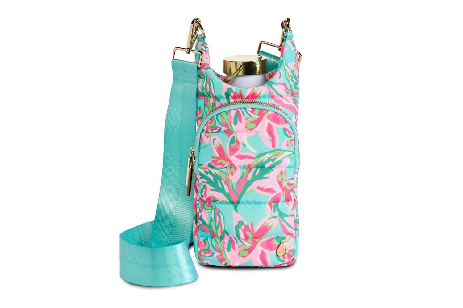 A stylish water bottle holder with floral prints and an adjustable strap, featuring a zippered pocket