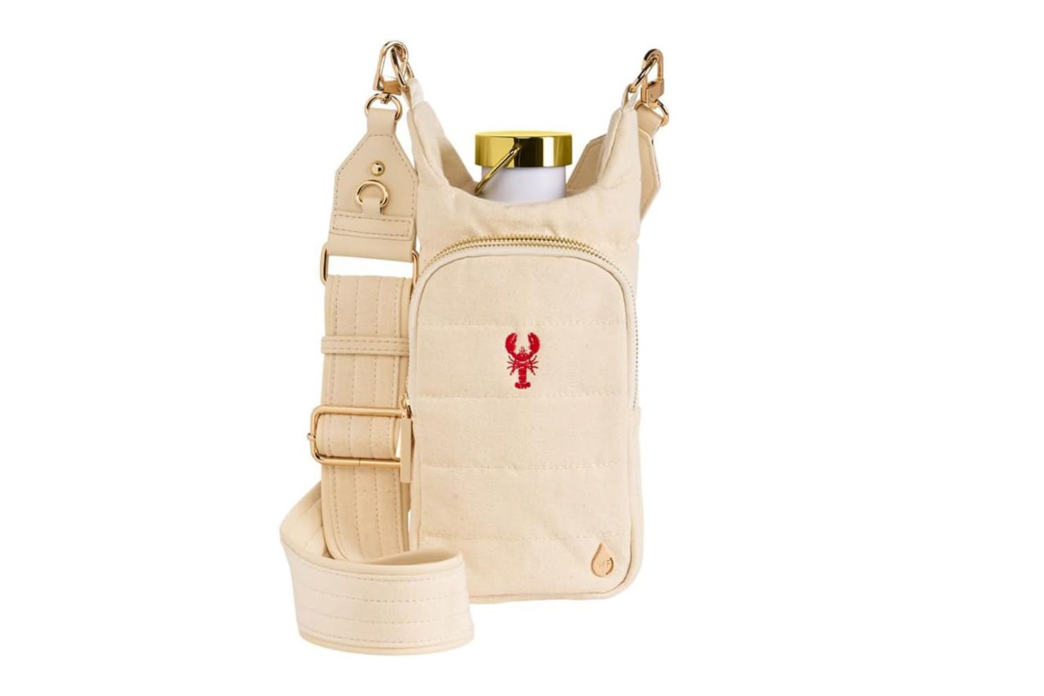 A cream-colored bottle holder featuring a lobster emblem, with straps for portability