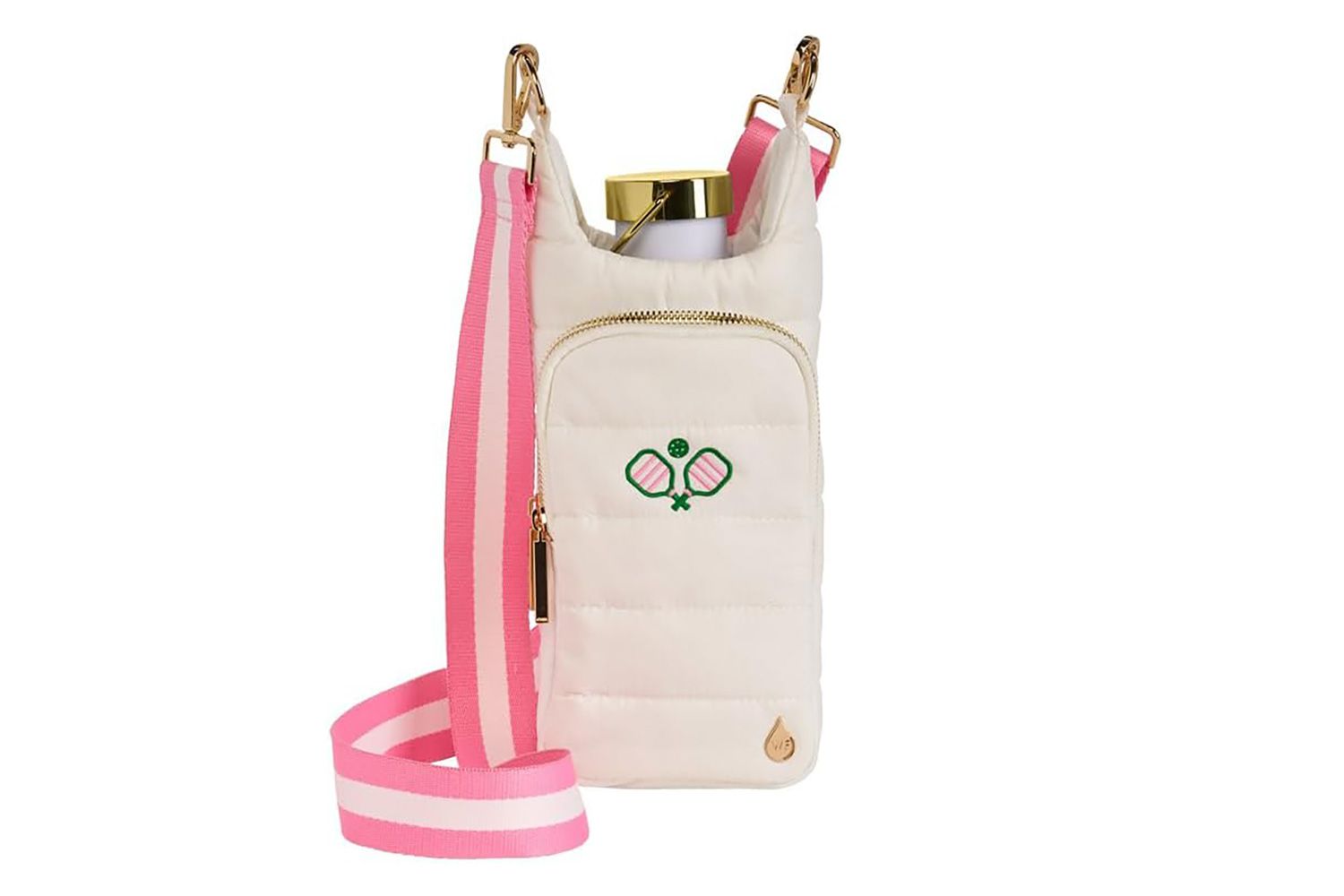 A bottle holder featuring a tennis-themed embroidery with a pink strap, part of the Hydrobag collection