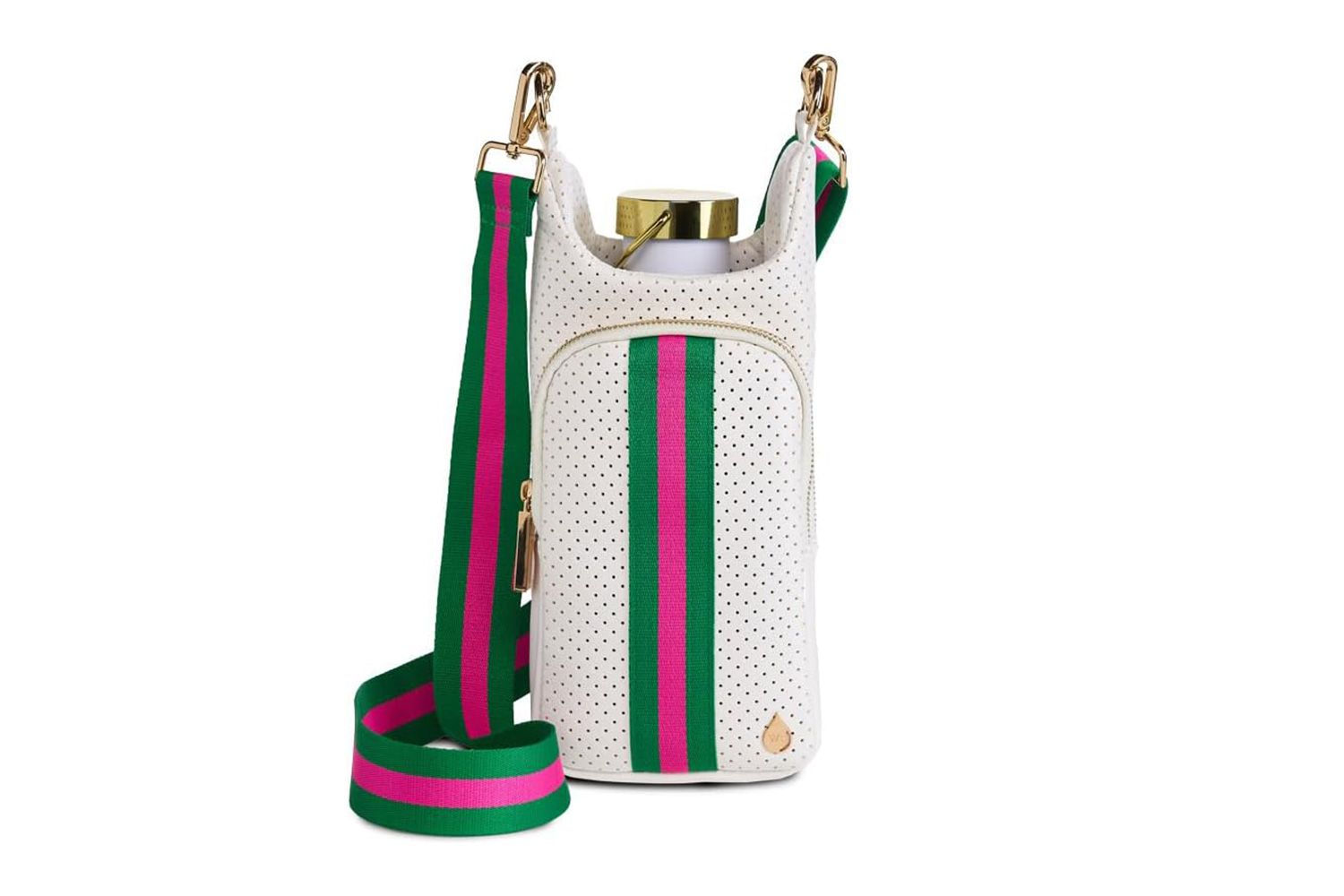 A neoprene bag for holding a bottle, featuring a strap with green and pink stripes and perforated design