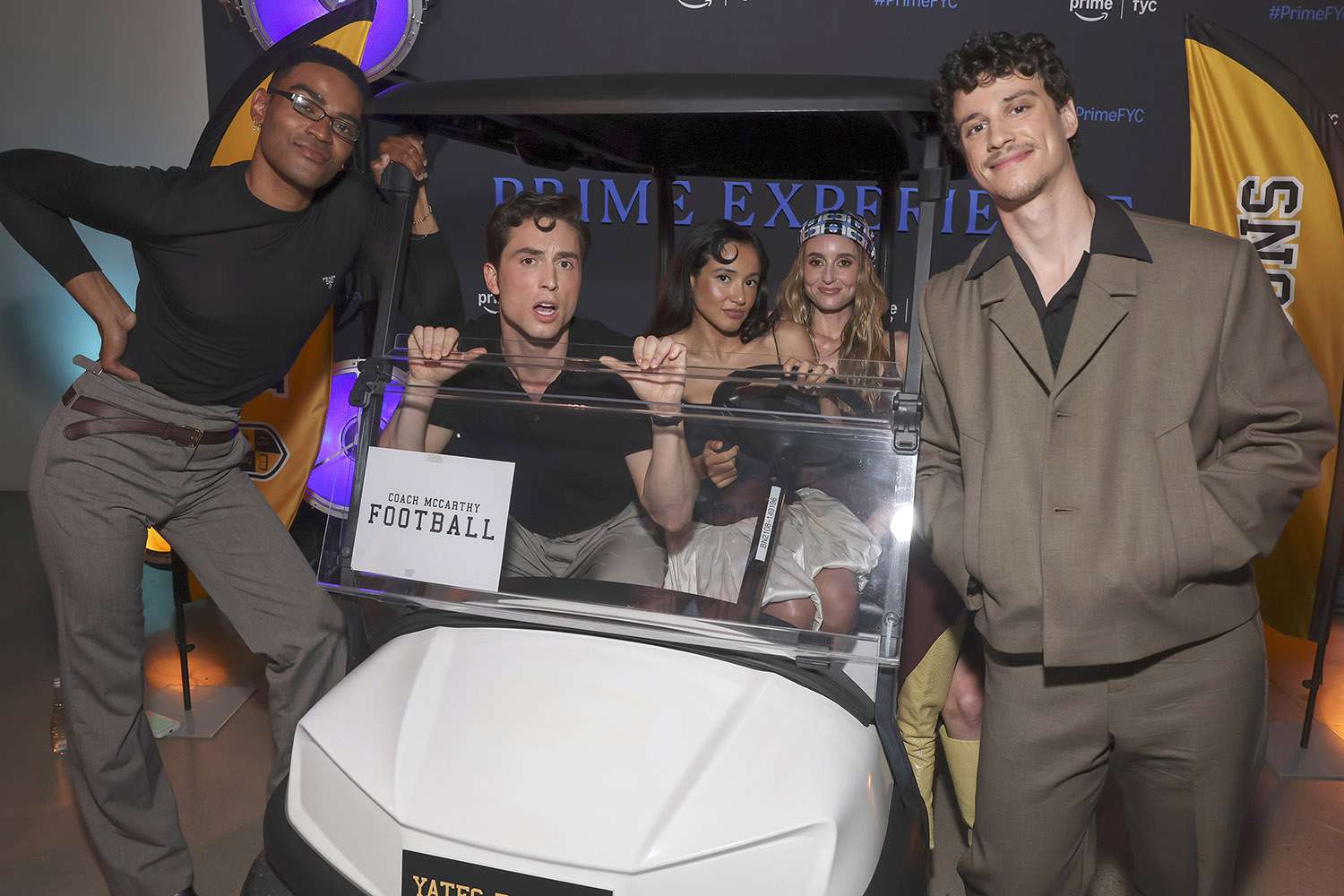 Owen Thiele, Benito Skinner, Wally Baram, Mary Beth Barone, and Adam DiMarco pose at the Overcompensating | Emmys FYC Event 