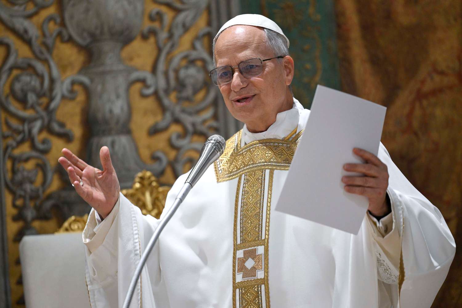 American Cardinal Robert Francis Prevost presides over his first Holy Mass as Pope Leo XIV with cardinals in the Sistine Chapel at the conclusion of the Conclave on May 09, 2025 in Vatican City, Vatican.