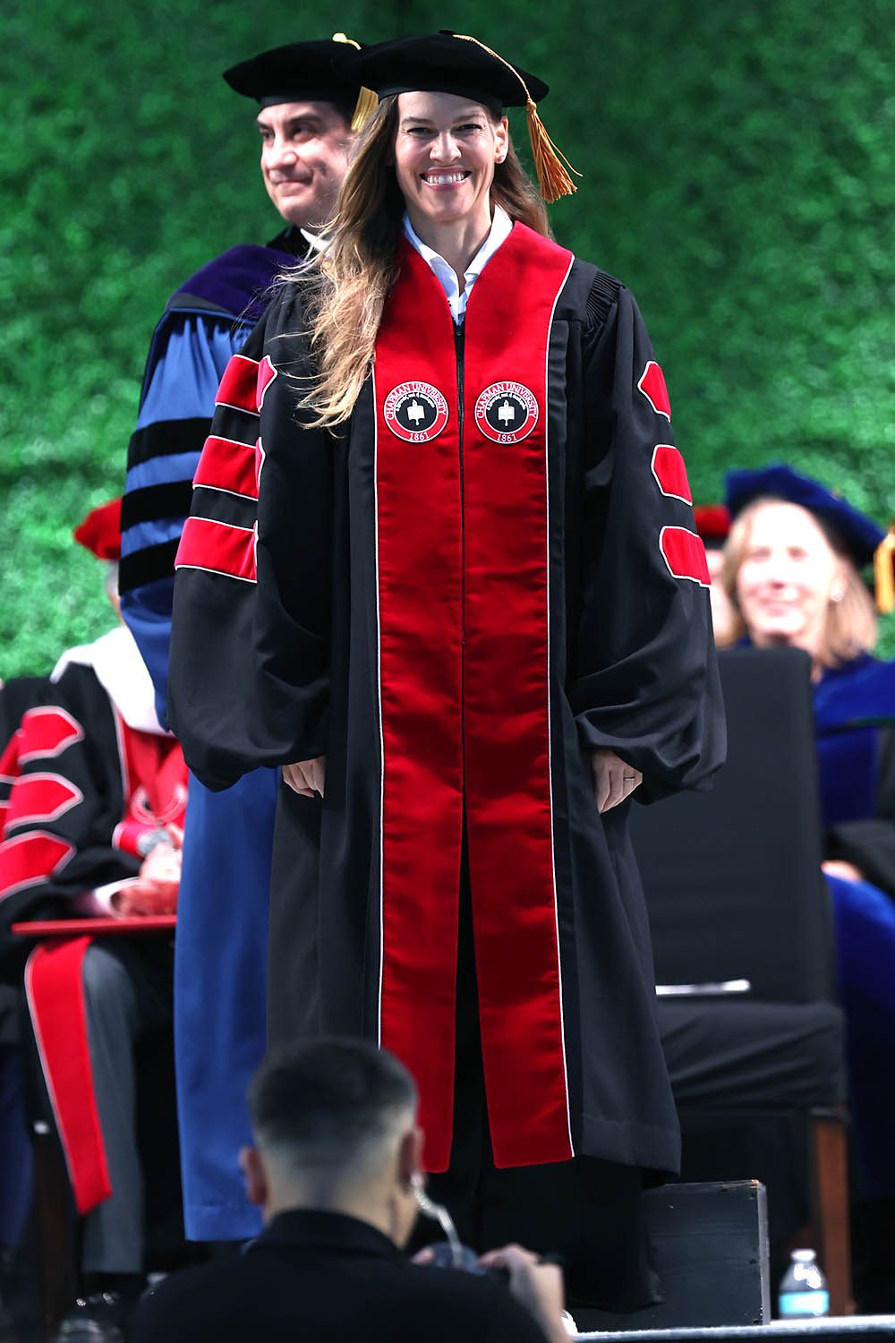 Hilary Swank delivers the keynote address at Chapman University's 2025 Commencement Ceremony at Chapman University on May 23, 2025 in Orange, California.