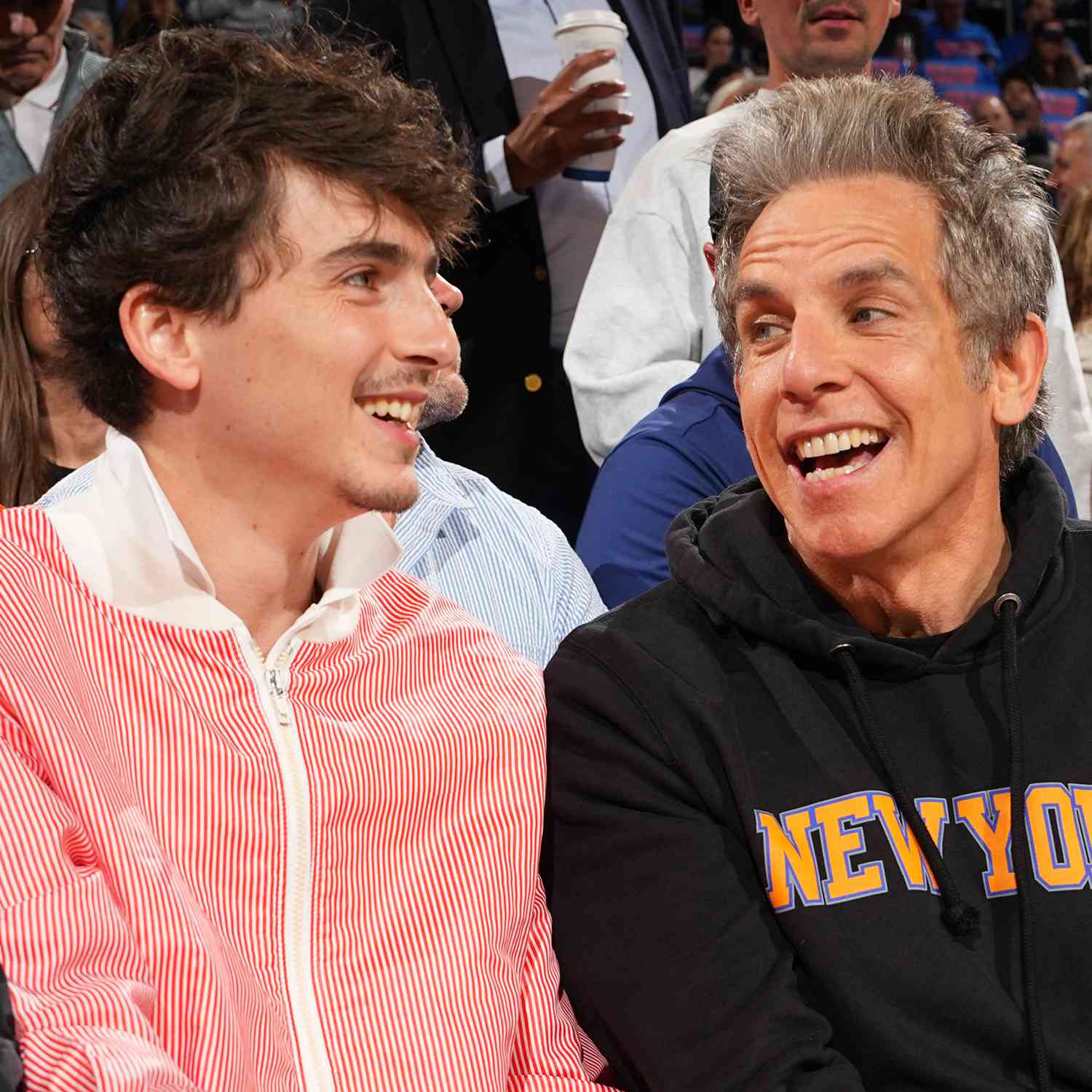 Timothee Chalamet and Ben Stiller look on during the game between the Indiana Pacers and the New York Knicks