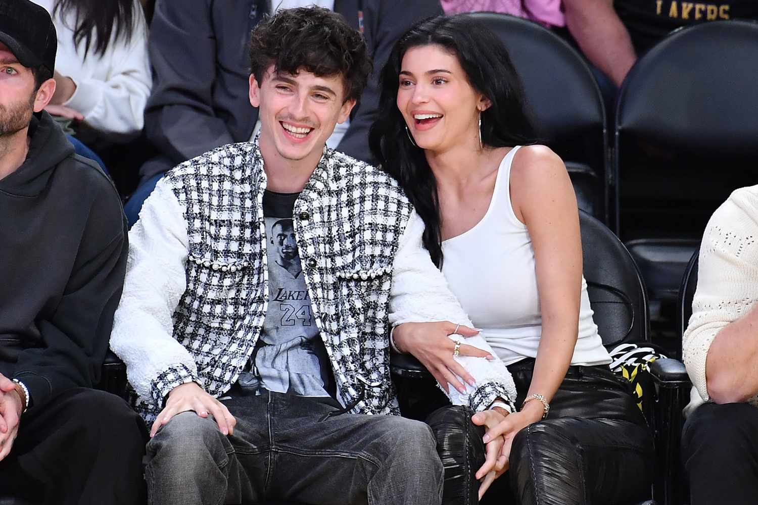 Timothee Chalamet and Kylie Jenner attend a basketball game between the Los Angeles Lakers and the Minnesota Timberwolves
