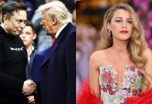 A split image of Elon Musk and Donald Trump shaking hands, Blake Lively on the red carpet for