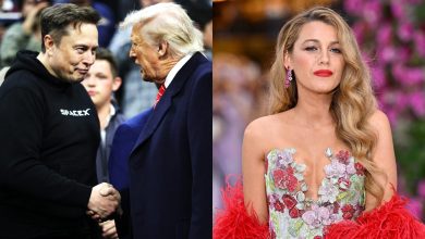 A split image of Elon Musk and Donald Trump shaking hands, Blake Lively on the red carpet for