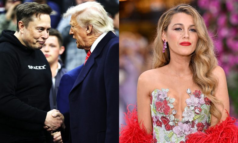 A split image of Elon Musk and Donald Trump shaking hands, Blake Lively on the red carpet for