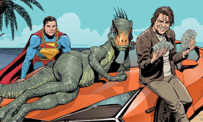 Superman, a Jurassic dinosaur and Tom Cruise on a beach.
