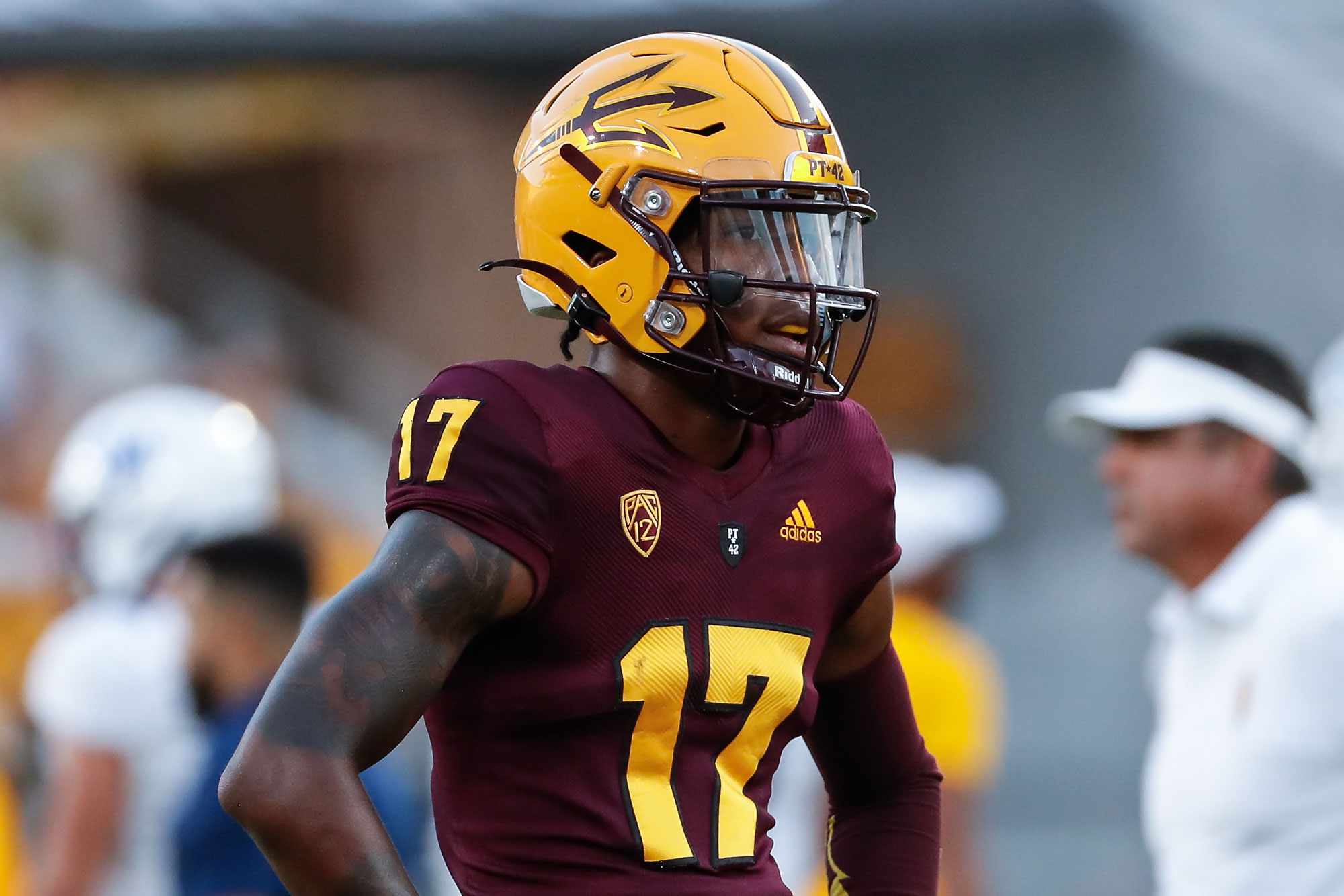 TEMPE, AZ - SEPTEMBER 01: Arizona State Sun Devils wide receiver Chad Johnson Jr. (17) looks on before the college football game between the Northern Arizona Lumberjacks and the Arizona State Sun Devils on September 1, 2022 at Sun Devil Stadium in Tempe, Arizona. (Photo by Kevin Abele/Icon Sportswire via Getty Images)