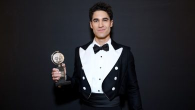 ‘Maybe Happy Ending’ star Darren Criss, winner of best actor in a musical, poses at the 78th Tony Awards at New York’s 3 West Club with his award in hand while wearing a tuxedo.