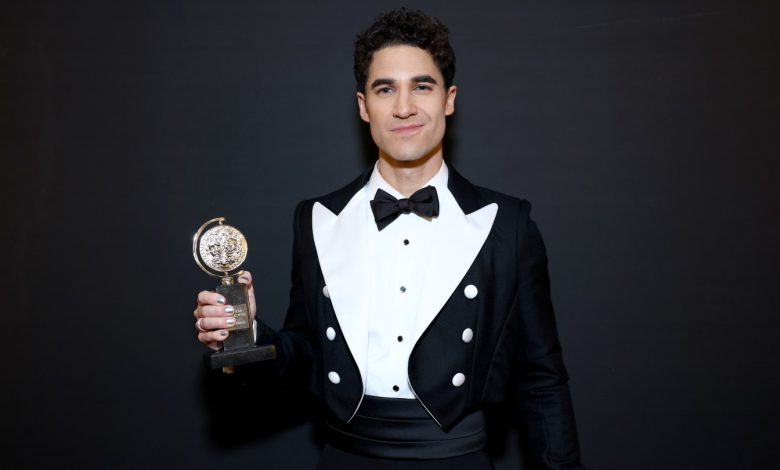 ‘Maybe Happy Ending’ star Darren Criss, winner of best actor in a musical, poses at the 78th Tony Awards at New York’s 3 West Club with his award in hand while wearing a tuxedo.