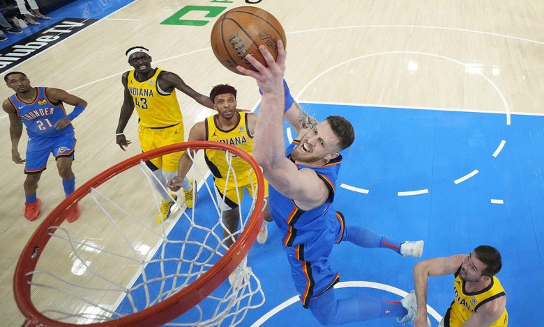 Isaiah Hartenstein 55 of the Oklahoma City Thunder drives to the basket against the Indiana Pacers during the second quarter in Game Seven of the 2025 NBA Finals at Paycom Center on June 22, 2025 in Oklahoma City, Oklahoma.