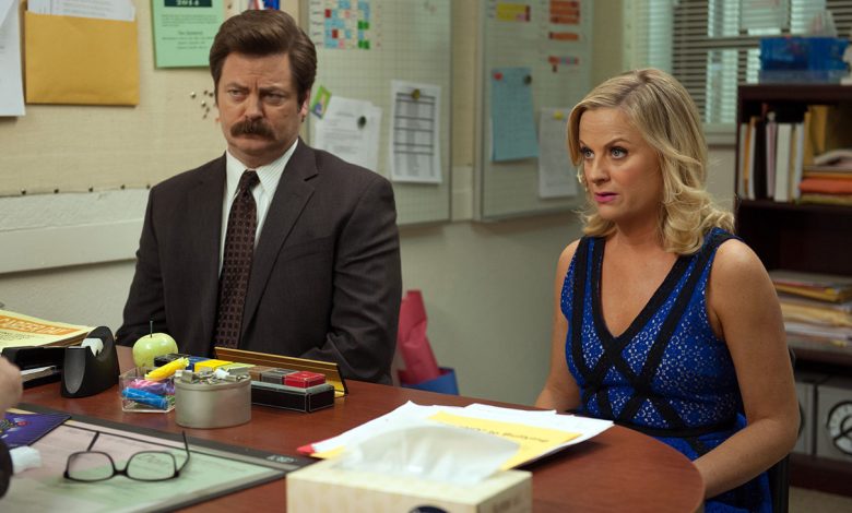 Nick Offerman as Ron Swanson, Amy Poehler as Leslie Knope in season six episode Prom