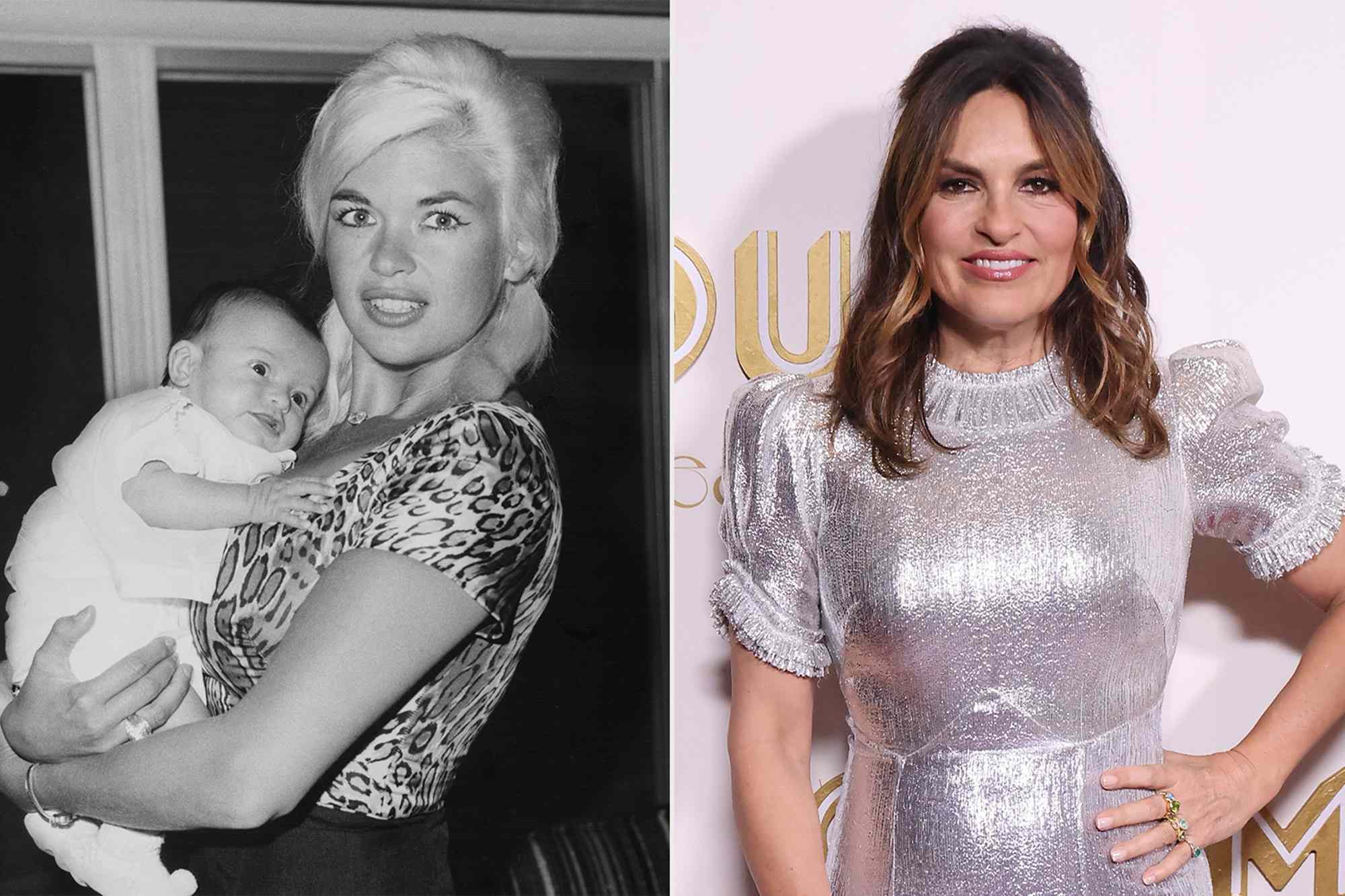 Jayne Mansfield holding six-weeks old Mariska Hargitay in March 1964 ; Mariska Hargitay attends the 2022 Glamour Women of the Year Awards at The Grill & The Pool Restaurants on November 01, 2022 in New York City.