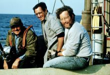 Robert Shaw, Roy Scheider, and Richard Dreyfuss in JAWS, 1975.