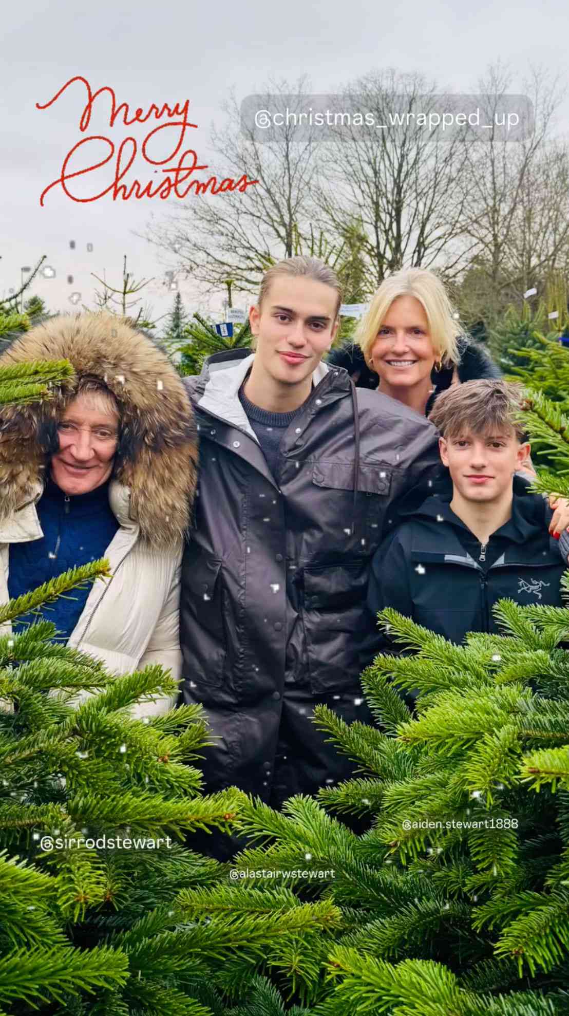 Rod Stewart and Wife Penny Lancaster Pose with Sons Alastair and Aiden at Christmas Tree Farm in Rare Family Photo