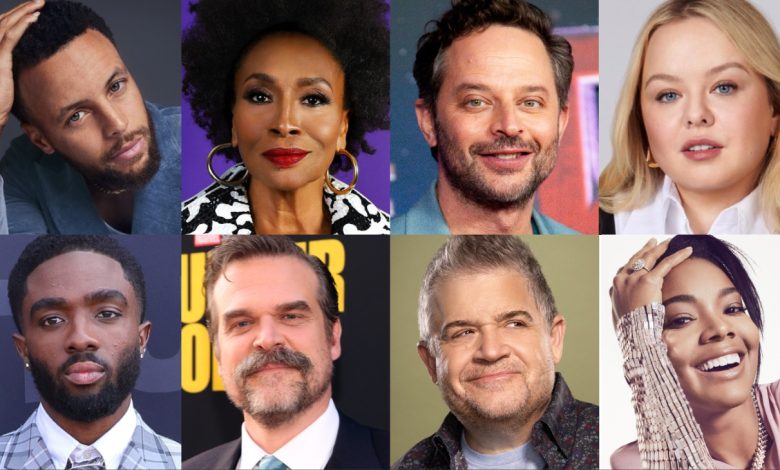 Clockwise from top left: Steph Curry, Jenifer Lewis, Nick Kroll, Nicola Coughlan, Gabrielle Union, Patton Oswalt, David Harbour and Caleb McLaughlin.