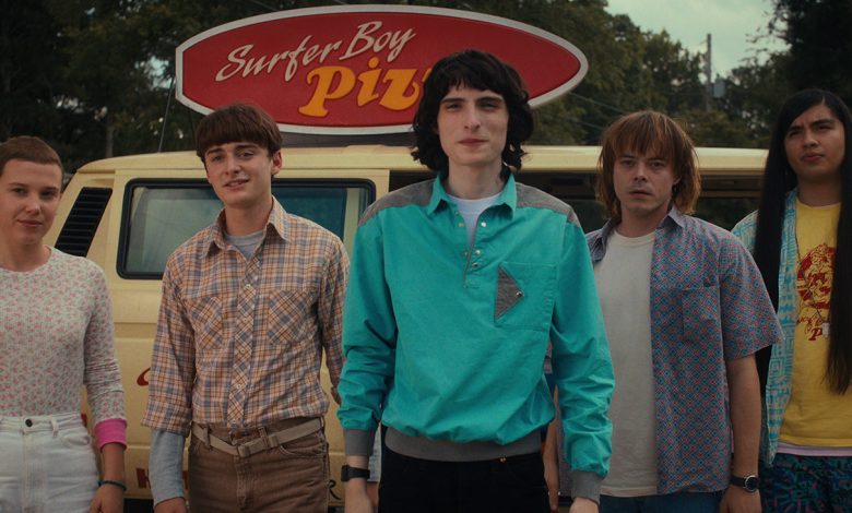 (L to R) Millie Bobby Brown as Eleven, Noah Schnapp as Will Byers, Finn Wolfhard as Mike Wheeler, Charlie Heaton as Jonathan Byers, and Eduardo Franco as Argyle in STRANGER THINGS.