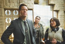 From left: Ike Barinholtz alongside Kathryn Hahn and Chase Sui Wonders in Apple TV+’s The Studio.