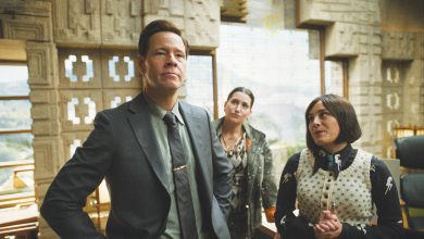 From left: Ike Barinholtz alongside Kathryn Hahn and Chase Sui Wonders in Apple TV+’s The Studio.