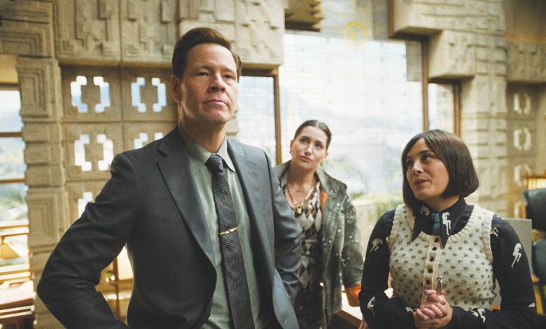 From left: Ike Barinholtz alongside Kathryn Hahn and Chase Sui Wonders in Apple TV+’s The Studio.