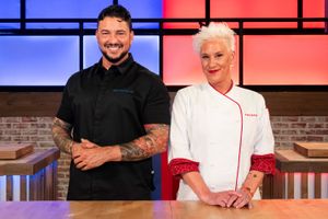 Hosts Anne Burrell and Gabe Bertaccini, as seen on Worst Cooks in America, Season 29.