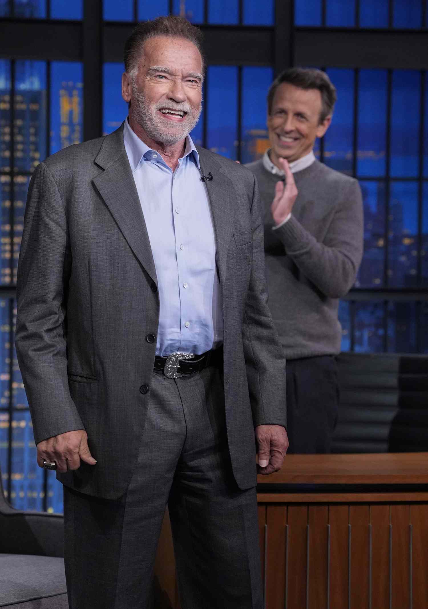 Arnold Schwarzenegger during an interview with host Seth Meyers
