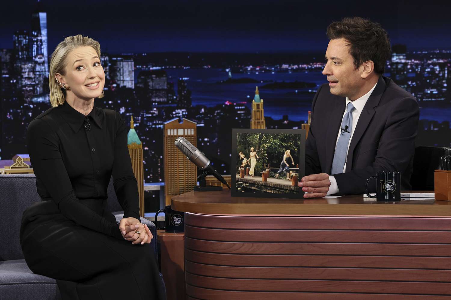 Carrie Coon during an interview with host Jimmy Fallon