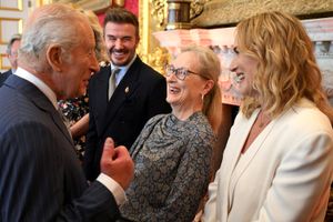 Meryl Streep, Kate Winslet and David Beckham react next to Britain's King Charles as they attend the King's Foundation Awards ceremony, on the 35th anniversary of The King's Foundation, at St James's Palace