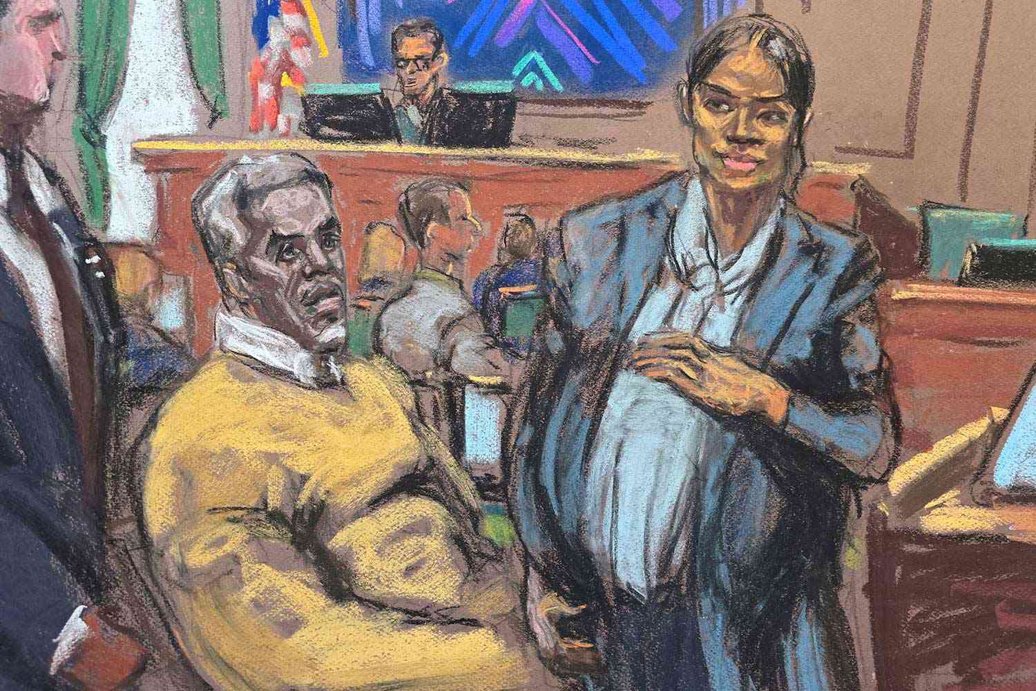 Sean "Diddy" Combs watches as Casandra "Cassie" Ventura leaves for a break in her testimony during Combs' sex trafficking trial in New York City, New York, U.S., May 15, 2025 in this courtroom sketch.