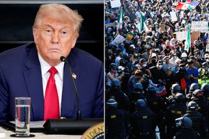 US President Donald Trump during an Invest America roundtable in the State Dining Room of the White House in Washington, DC, US, on Monday, June 9, 2025; This picture taken on June 8, 2025 shows California Highway Patrol officers forcing protestors back onto an on-ramp to the 101 freeway during a demonstration following federal immigration operations in Los Angeles