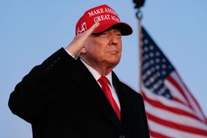 Former US President Donald Trump salutes during a campaign rally at the Schnecksville Fire Hall in Schnecksville, Pennsylvania, US, on Saturday, April 13, 2024