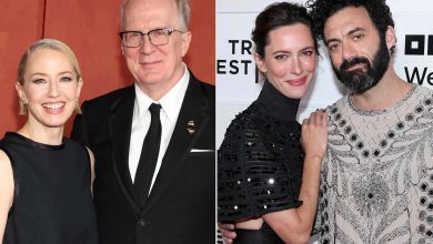 Carrie Coon and Tracy Letts attend the HBO & Max Post Emmys Reception on September 15, 2024 in West Hollywood, California ; Rebecca Hall and Morgan Spector attend