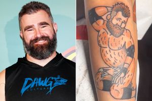 Jason Kelce attends The New Heights House Party hosted by Jason & Travis Kelce on February 05, 2025 in New Orleans, Louisiana; Fan gets tattoo of Jason Kelce naked