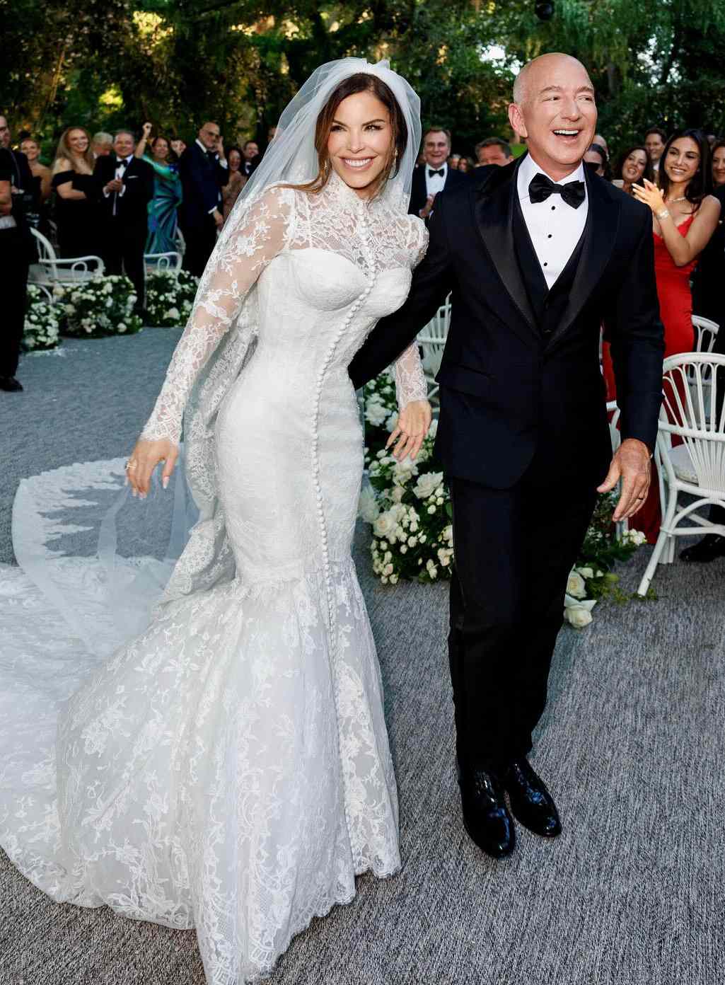 Lauren Sanchez and Jeff Bezos on their wedding day, June 27, 2025