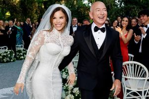Lauren Sanchez and Jeff Bezos on their wedding day, June 27, 2025