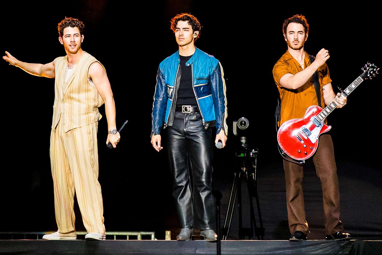 Nick Jonas, Joe Jonas and Kevin Jonas of Jonas Brothers perform live on stage during a concert on April 16, 2024 in Sao Paulo, Brazil.