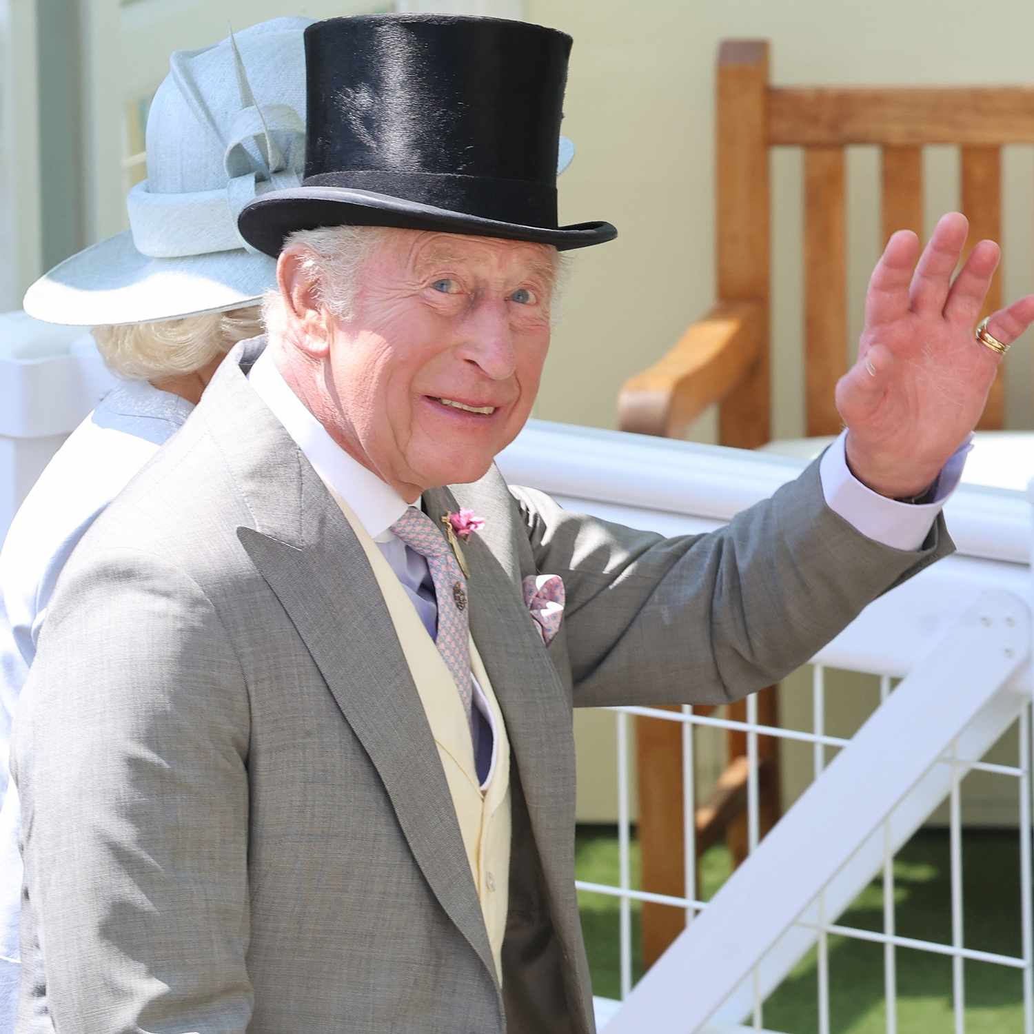 King Charles III smiles and waves as he attends day three of Royal Ascot at Ascot Racecourse on June 19, 2025 in 