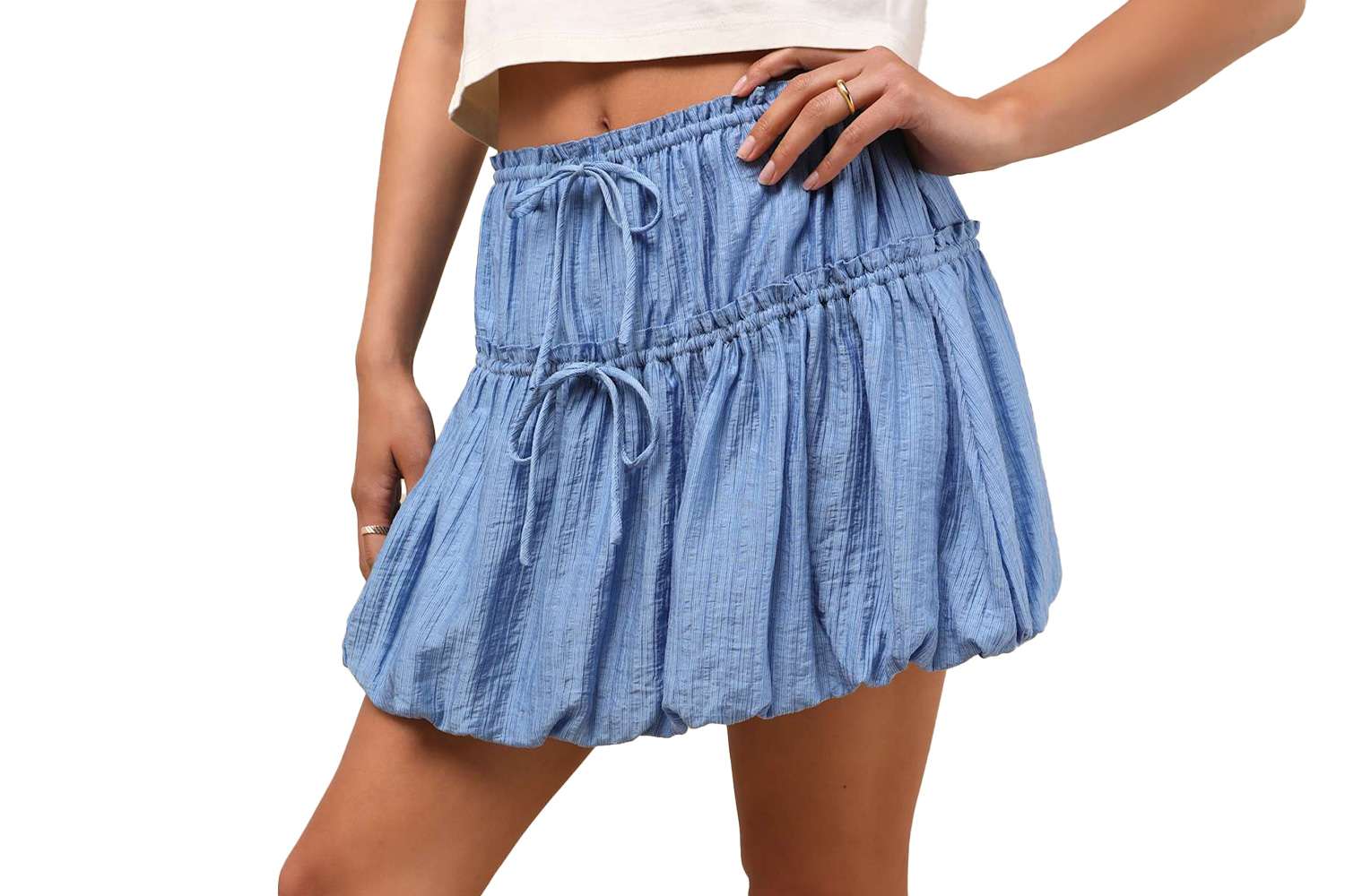 Lulus Kirsty Blue Striped Tiered Drawstring Bubble-Hem Mini Skirt