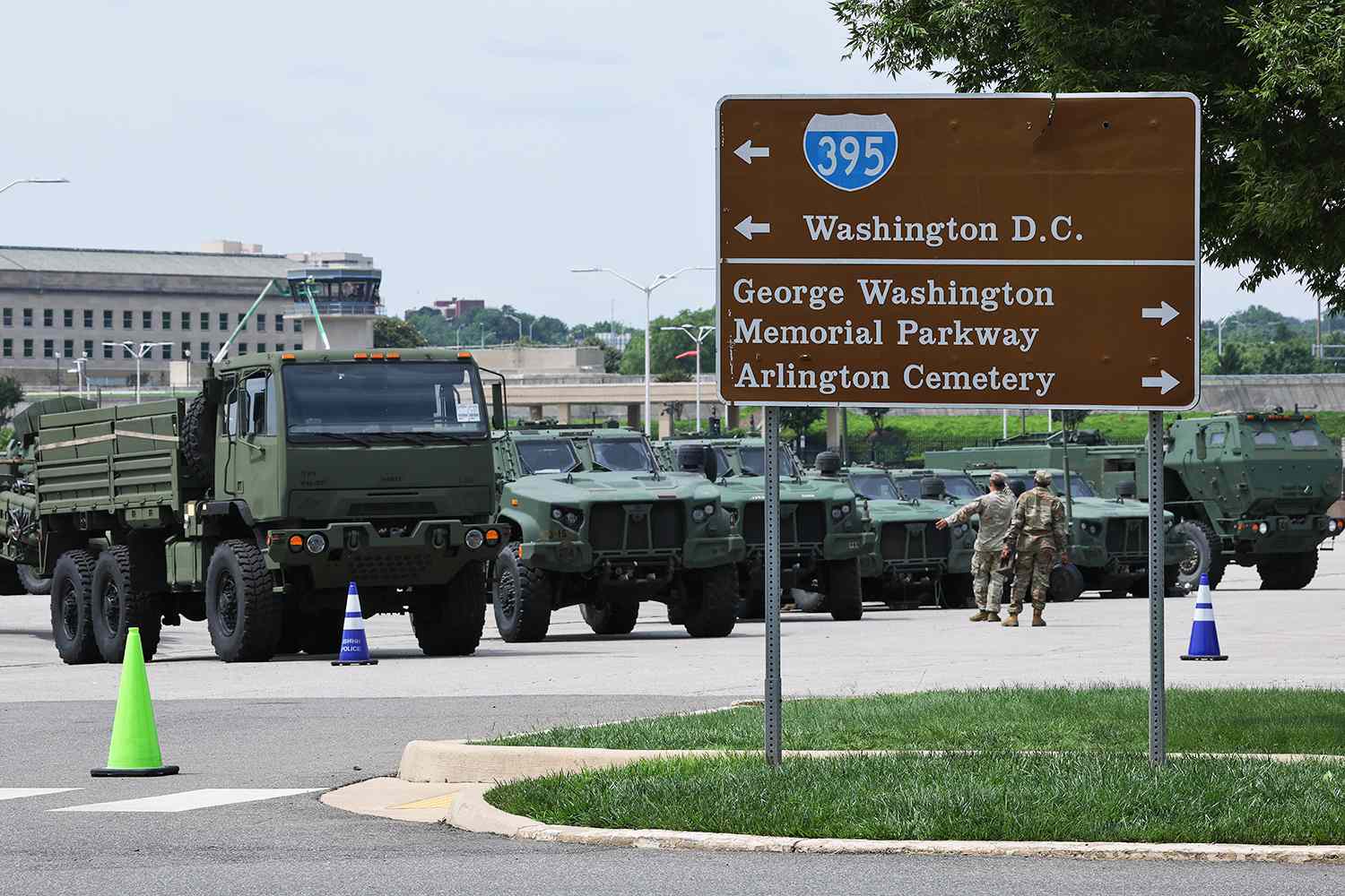 U.S. Army vehicles are staged outside the Pentagon ahead of the U.S. Army's 250th anniversary parade June 10, 2025 in Arlington, Virginia.