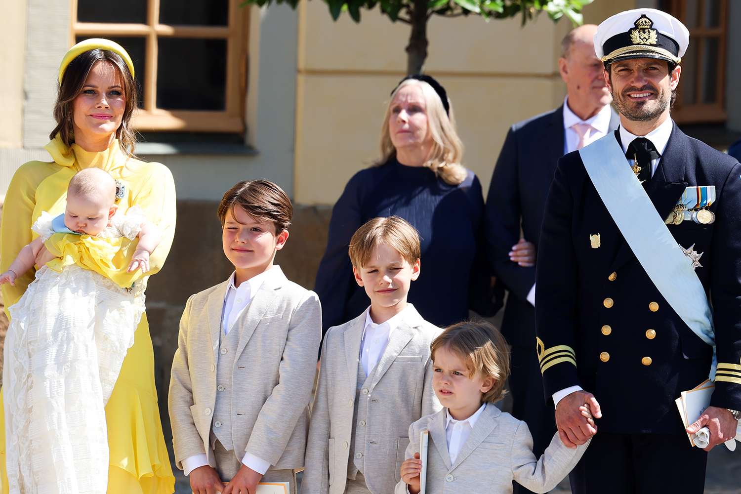 Princess Sofia of Sweden, Princess Ines of Sweden, Prince Alexander of Sweden, Prince Gabriel of Sweden, Prince Julian of Sweden and Prince Carl Phillip of Sweden pose after arrive to the christening of Princess Ines