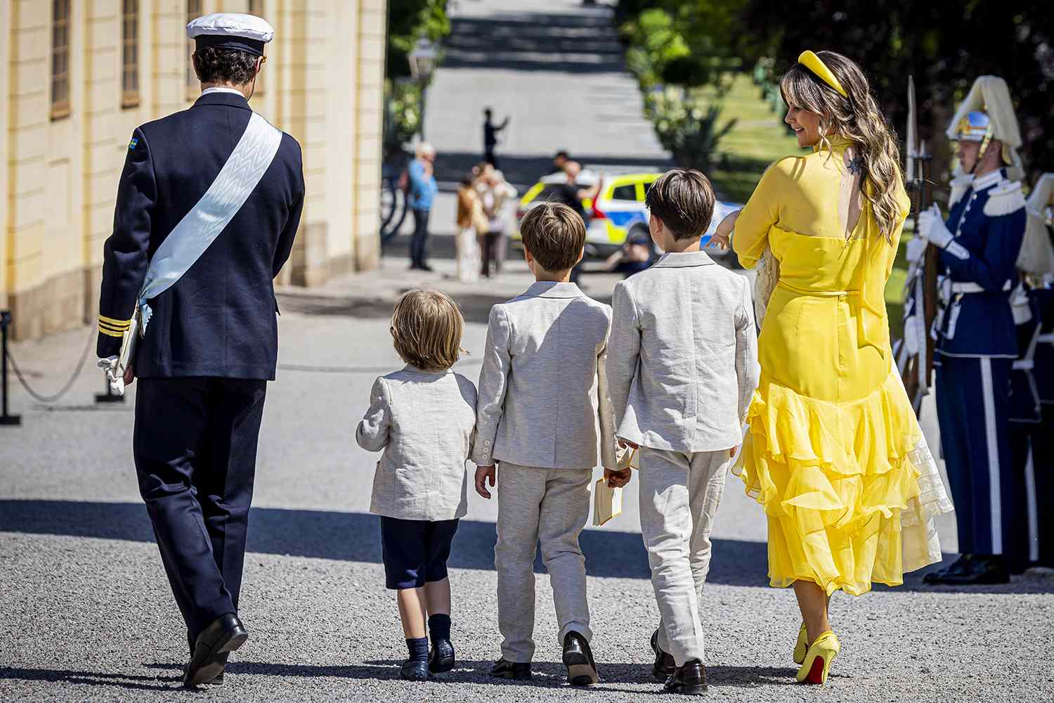 Prince Carl Philip of Sweden, Princess Sofia of Sweden, Prince Alexander of Sweden, Prince Gabriel of Sweden, Prince Julian of Sweden and Princess Ines of Sweden leave the chapel after the christening of Princess Ines