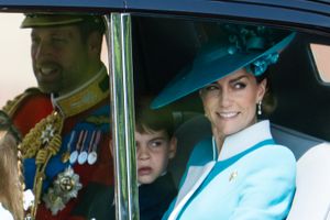 Prince William, Prince of Wales, Prince Louis of Wales and Catherine, Princess of Wales arrive by car to Trooping The Colour 2025