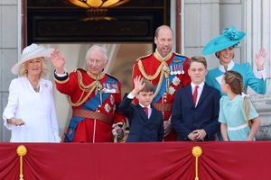 Queen Camilla, King Charles III, Prince Louis of Wales, Prince William, Prince of Wales, Prince George of Wales, Catherine, Princess of Wales and Princess Charlotte of Wales wave from the balcony at Buckingham Palace during Trooping The Colour 2025