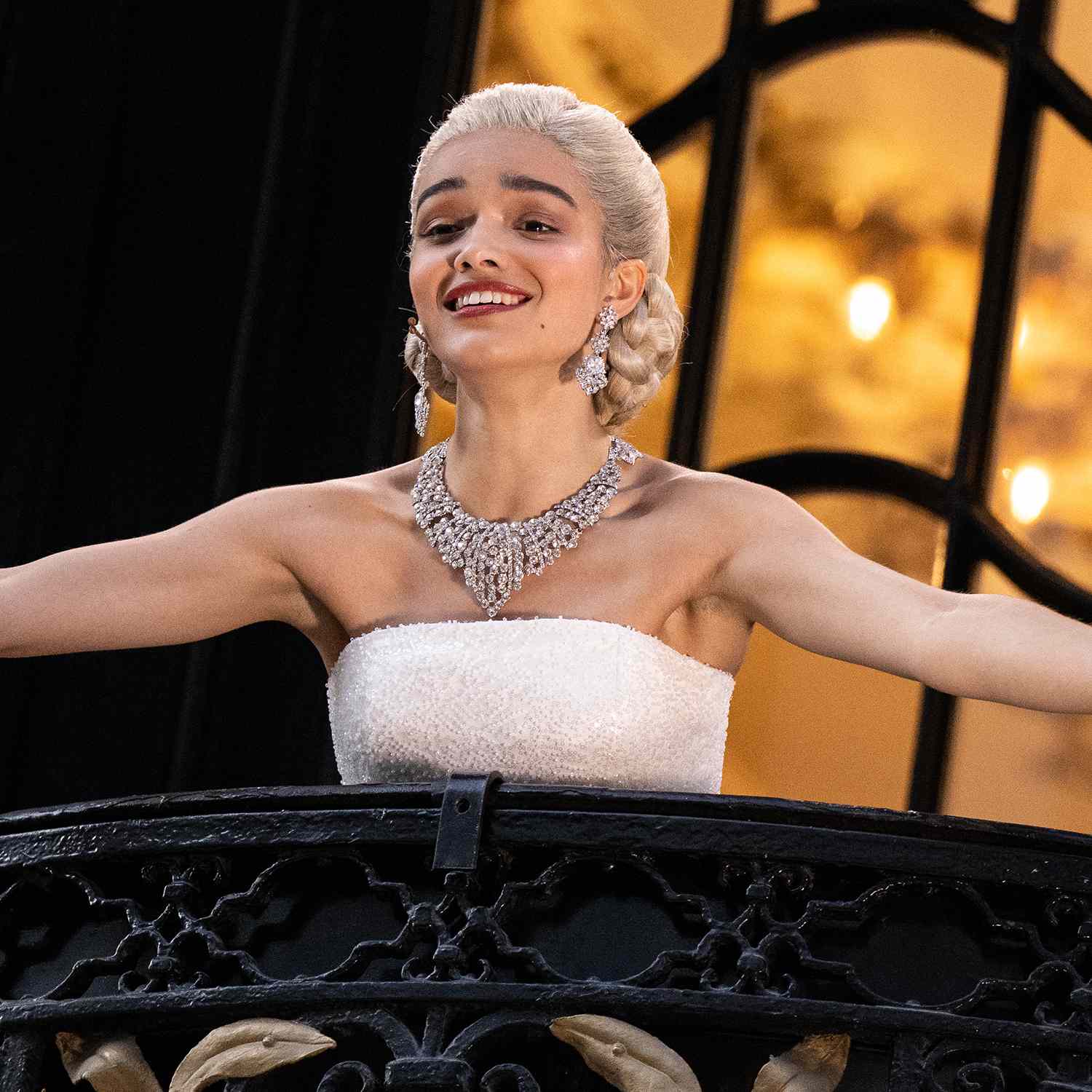 Members of the public watch Rachel Zegler perform "Don't Cry For Me Argentina" live on the balcony as she plays Eva Peron in "Evita" at the London Palladium