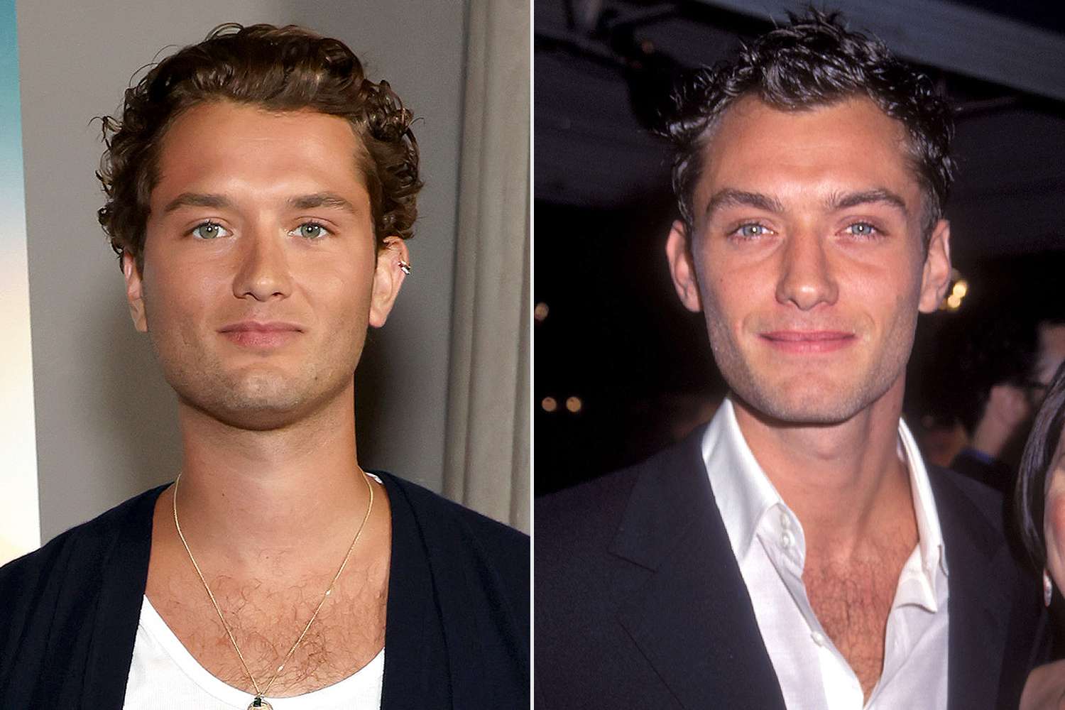 Rafferty Law attends Apple TV+'s 'Masters of the Air' official Emmy FYC event in Beverly Hills on May 4, 2024; Jude Law poses for a photo in 1999