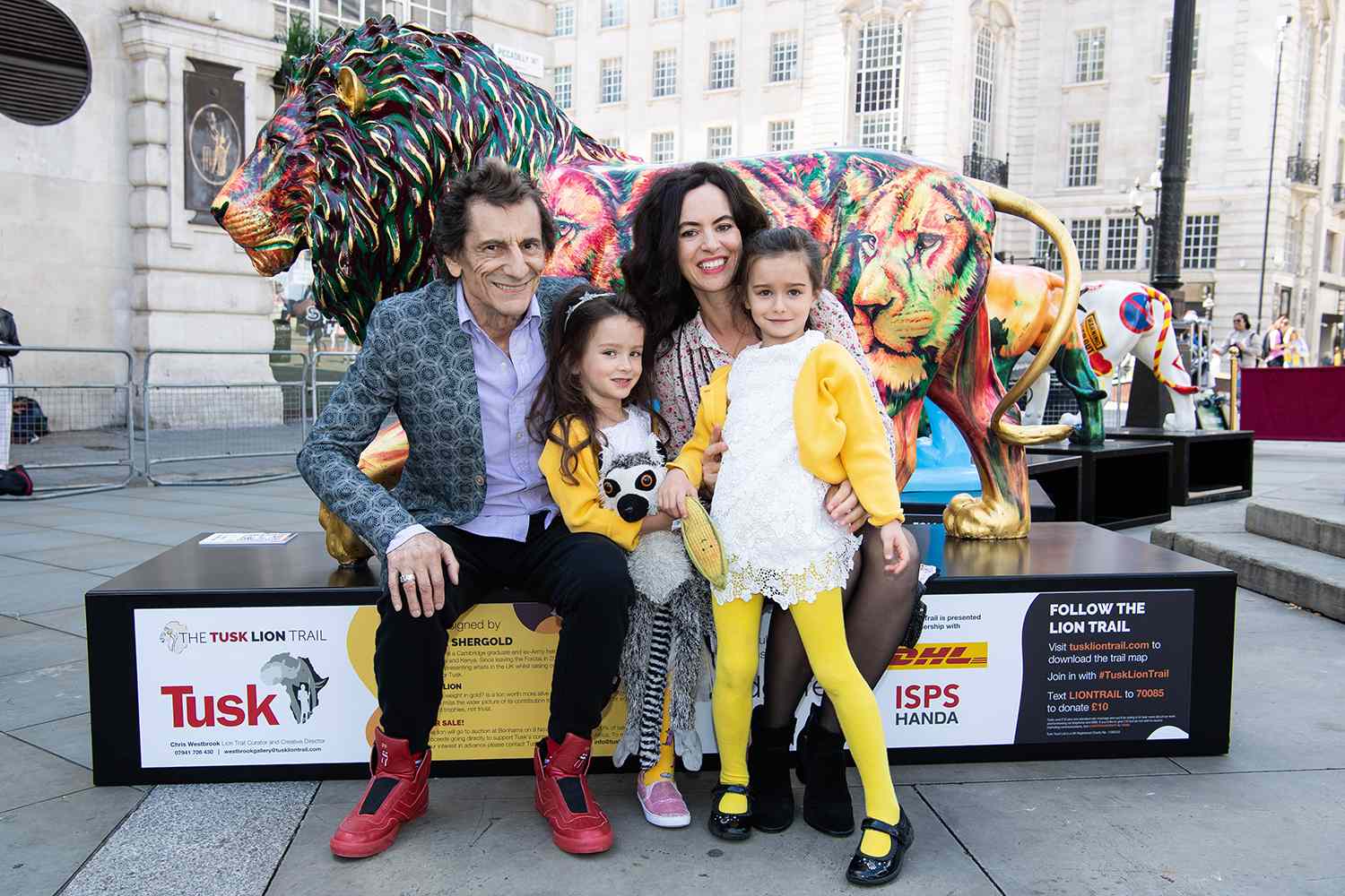 Ronnie Wood, Gracie Wood, Sally Wood and Alice Wood at the launch of the Tusk Lion Trail, a global art installation in support of African conservation, on August 10, 2021 in London, England