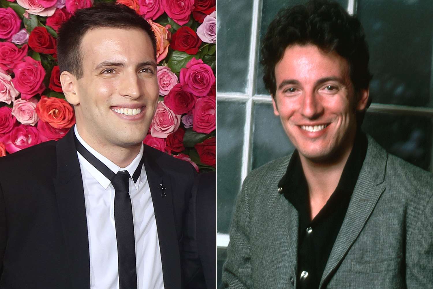 Sam Springsteen attends the 72nd annual Tony Awards in N.Y.C. on June 10, 2018; Bruce Springsteen smiles in front of a window for a portrait, circa 1978