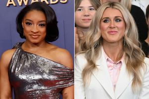 Simone Biles attends the 2024 CMA Awards at Music City Center on Nov. 20, 2024, in Nashville ; Riley Gaines at the signing of 'No Men in Women's Sports Executive Order' into law on Feb. 5, 2025, in Washington, D.C.